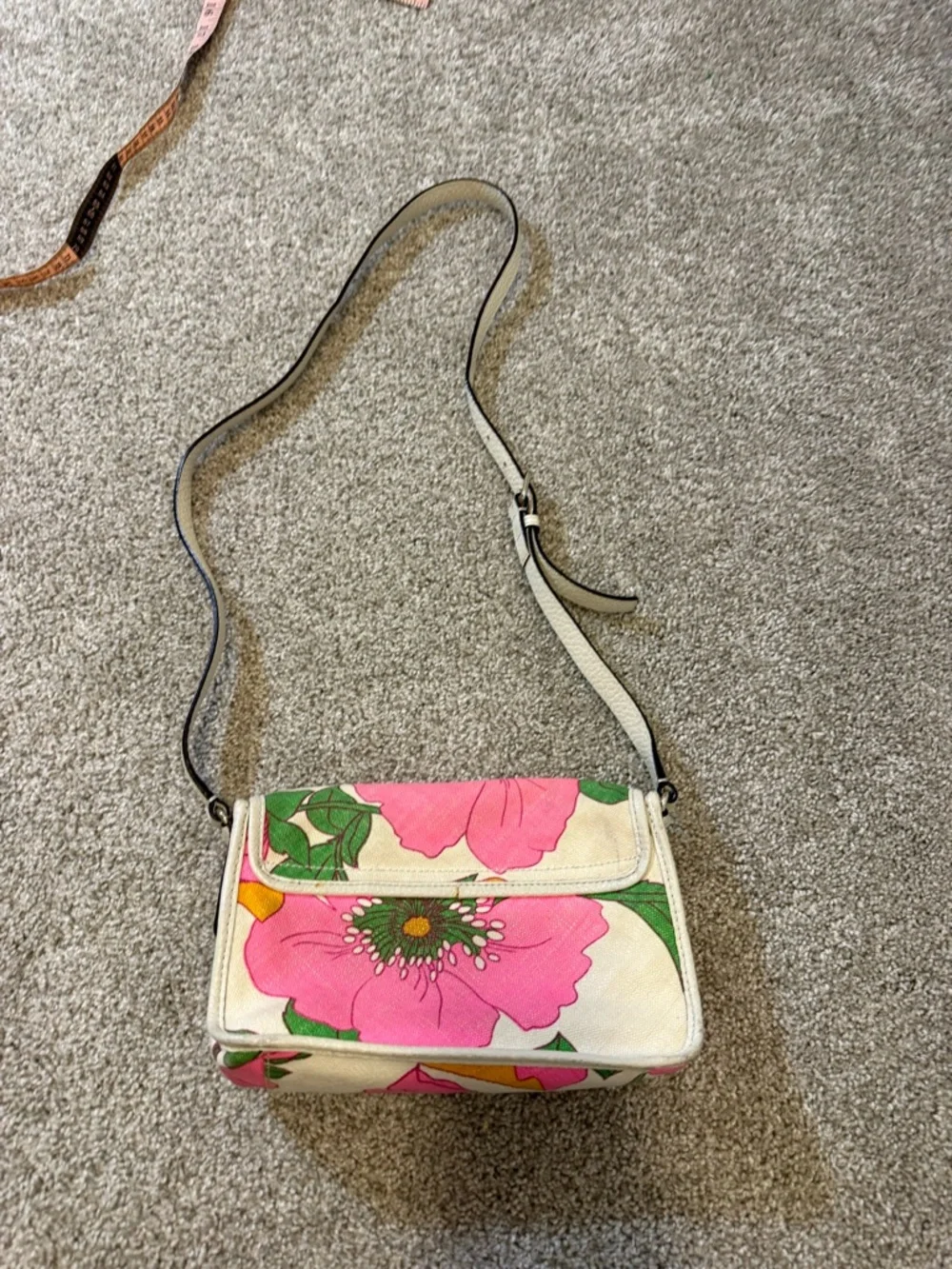 Kate Spade Cream Pink Floral Canvas Woven Leather Crossbody‎ Bag Purse Summer